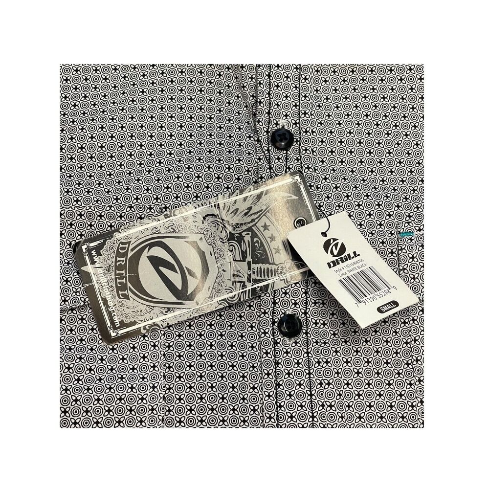 Drill Shirt Mens Small Black White Printed Cotton Short Sleeve Classic Button-Up - Picture 8 of 9